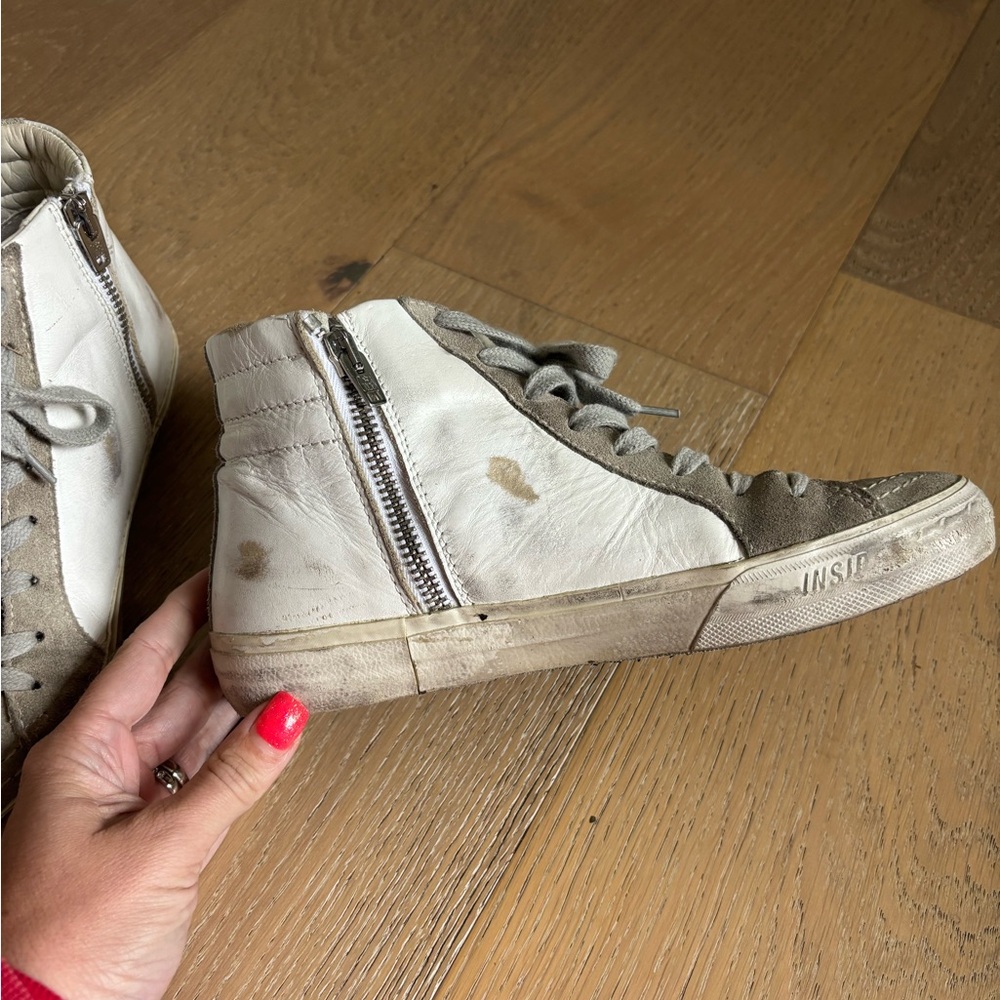 Golden Goose Slide High-Top Sneakers in White and Gray with Gold Logo - Picture 6 of 12